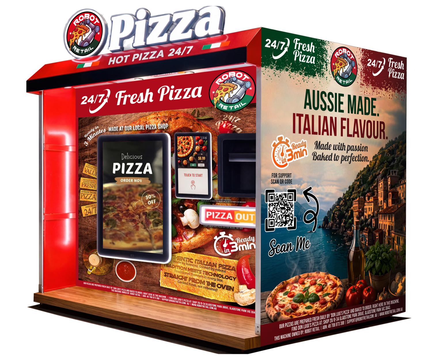 Robot Retail red pizza vending machine, serving fresh Italian pizza 24/7